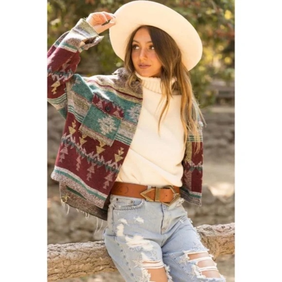 Mellow Gray Aztec Tribal Native Western Button Up Shacket Flannel Shirt Jacket - Picture 2 of 6